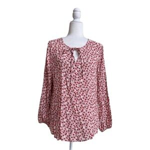 West K Pink Red Floral Long Sleeve Tie Neck Womens Size M Blouse Cottagecore